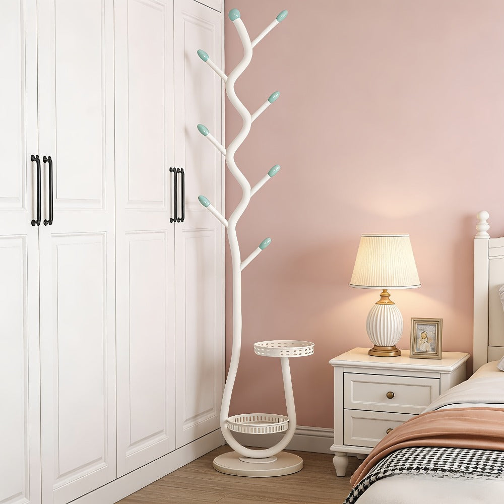 Freestanding Coat Tree with Branching Hooks, Circular Lower Shelf and White, Black or Golden Finish
