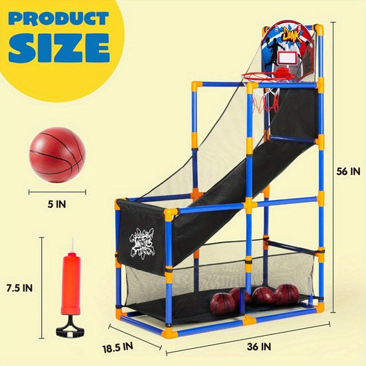 Kids Adjustable Basketball Hoop Set Arcade-Style Stand 4 Balls Air Pump 55 Inch Height Indoor Outdoor Sport Play Birthday Christmas Gift Boys Girls Ages 3+ Multicolor Red Blue