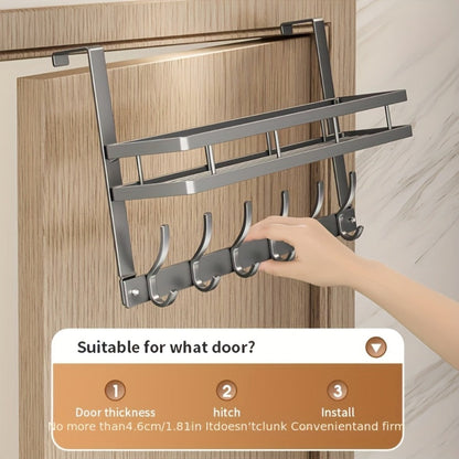 Over-the-Door Storage Rack with Hooks – Metal Multifunctional Organizer for Bedroom Bathroom Kitchen, 4/5/6/8 Hook Options in Gray & Black