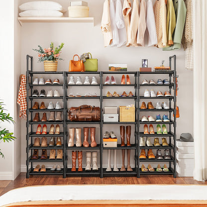 Shoe Rack 4-Row Metal Organizer with 6-Tier 55-Pair or 9-Tier 64-Pair Black Configurations