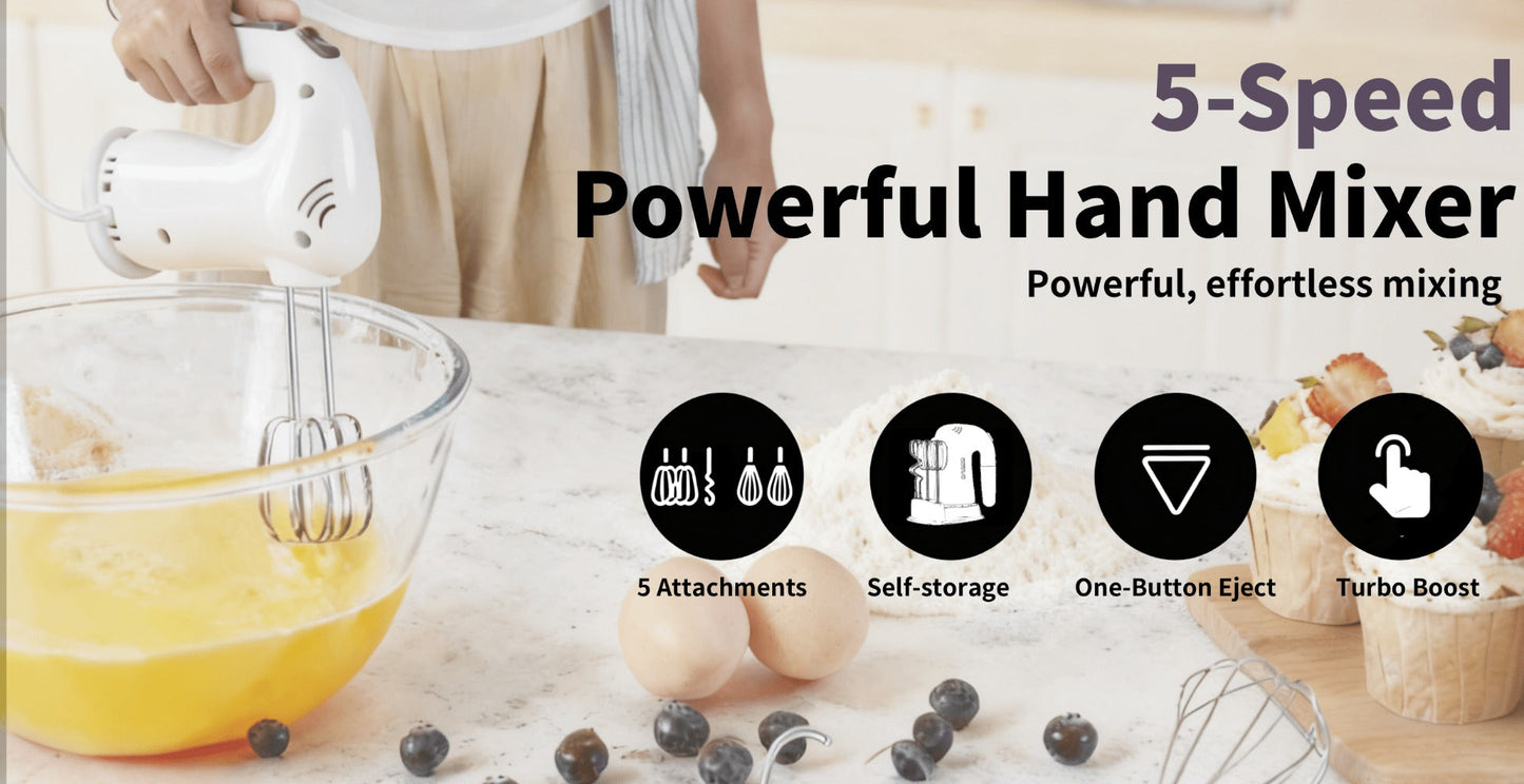 Hand Mixer Electric 400W with Storage Stand & 5-Speed Turbo Boost – 5 Stainless Steel Attachments for Baking Cream Cake Dough Cookie