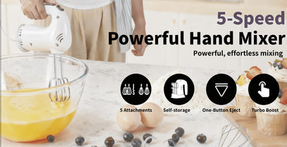 Hand Mixer Electric 400W with Storage Stand & 5-Speed Turbo Boost – 5 Stainless Steel Attachments for Baking Cream Cake Dough Cookie