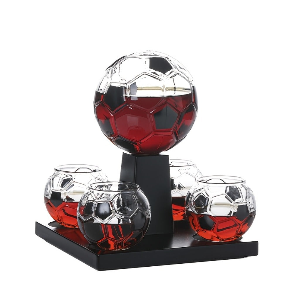 Soccer Ball Whiskey Decanter Set with 30 oz Ball-Shaped Bottle, Four Matching Cups and Black Display Stand