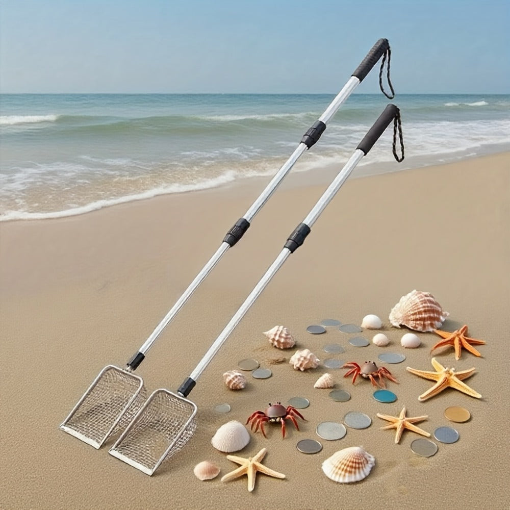 Telescopic Stainless Steel Beach Sand Sifter Scoop with Three-Section Handle, 1- or 2-Piece Options