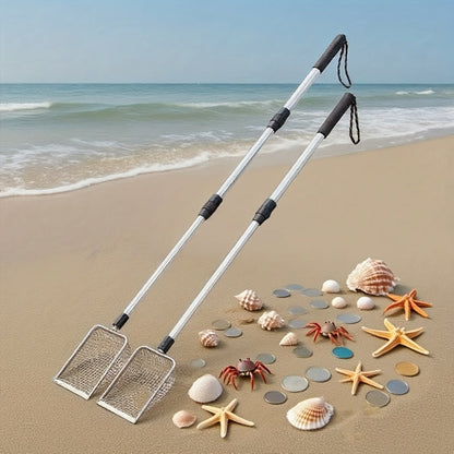 Telescopic Stainless Steel Beach Sand Sifter Scoop with Three-Section Handle, 1- or 2-Piece Options