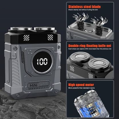 Compact Mecha-Green Dual-Rotary Electric Shaver with Front Battery Display and USB Cable Pictured