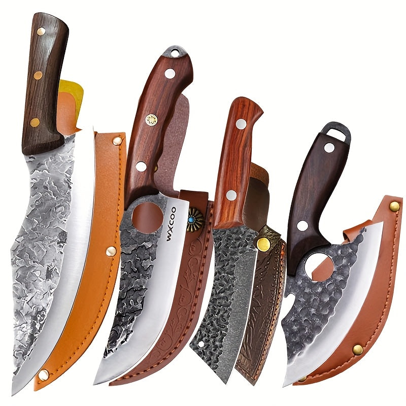 Kitchen Knife Set by WXYCOO, 3- or 4-Piece 5Cr15MoV Steel Hammered Blades with Curved Wood Handles