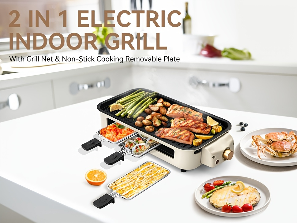 Indoor Electric Smokeless Grill 1700W with Raclette Pans, Non-Stick Plate, Portable Tabletop BBQ Griddle for Couples