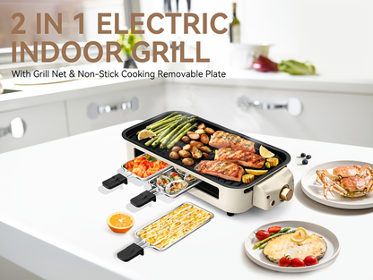 Indoor Electric Smokeless Grill 1700W with Raclette Pans, Non-Stick Plate, Portable Tabletop BBQ Griddle for Couples