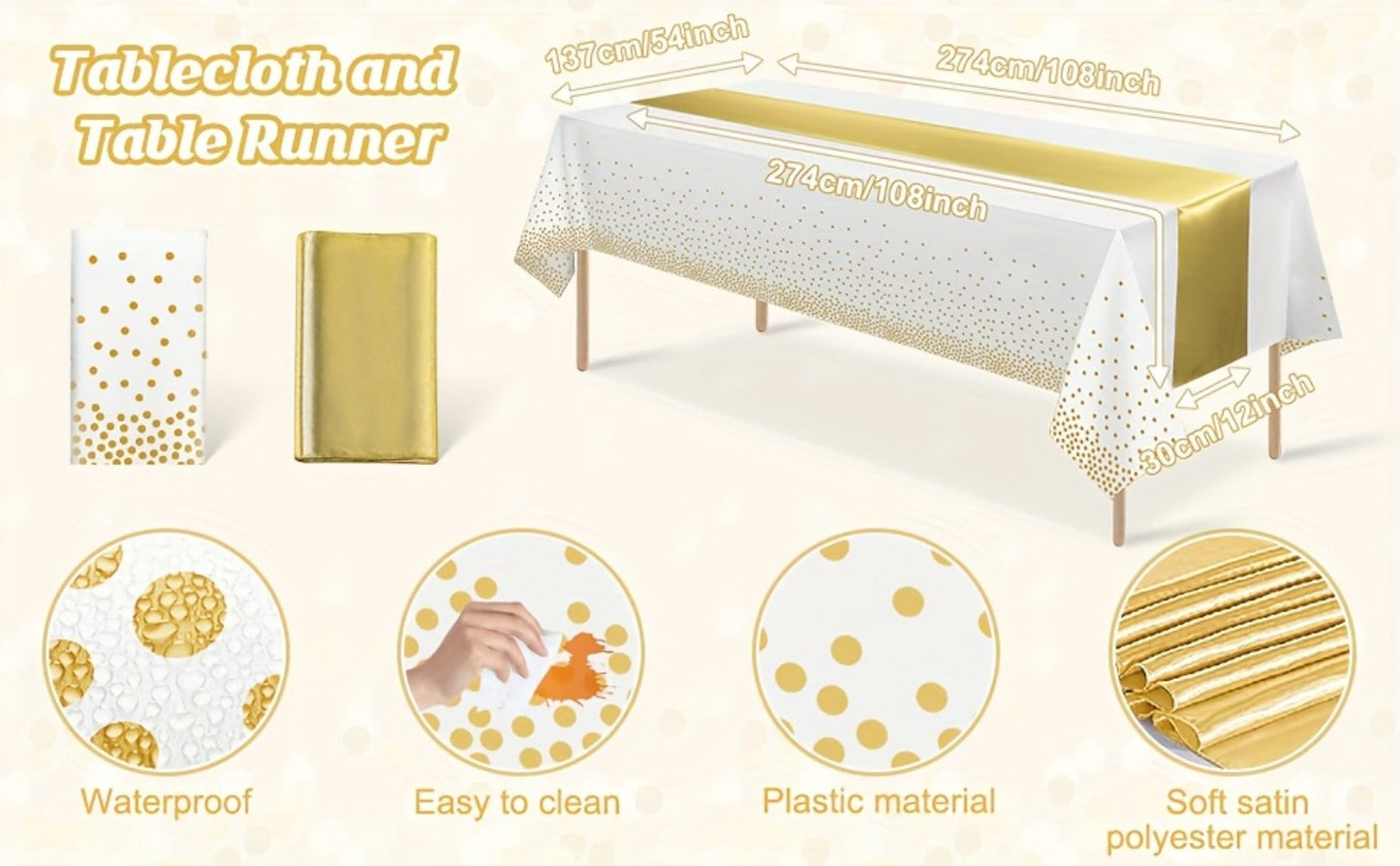 White and Gold Party Tablecloth and Runner Set, 10 Pieces with Five Covers and Five 12 x 108 Inch Runners