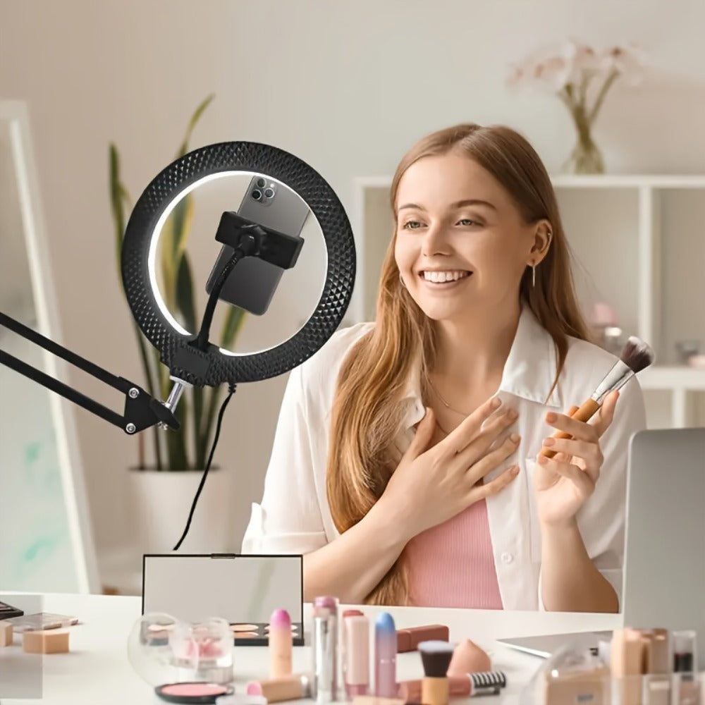 7.87-Inch LED Ring Light with Articulating Desk Clamp Arm, Phone Holder and USB Inline Control