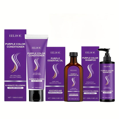 Three-Piece Purple Hair Care Set with Shampoo, Conditioner and Coordinated Argan Oil Bottle