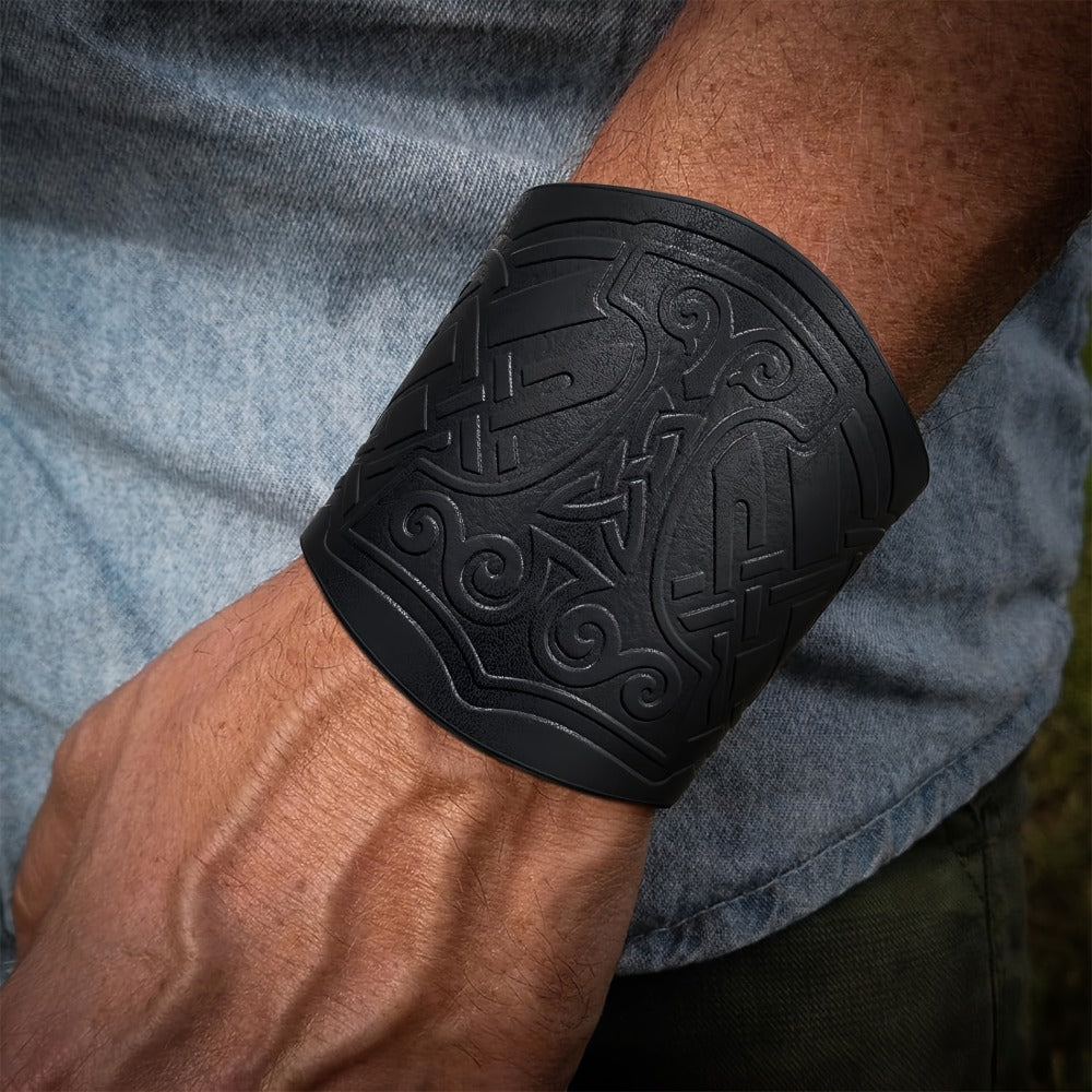 Viking Leather Cuff Bracelet Set 2pcs Norse Mythology Mjolnir Vegvisir Embossed Wristband for Men Women Halloween Gift