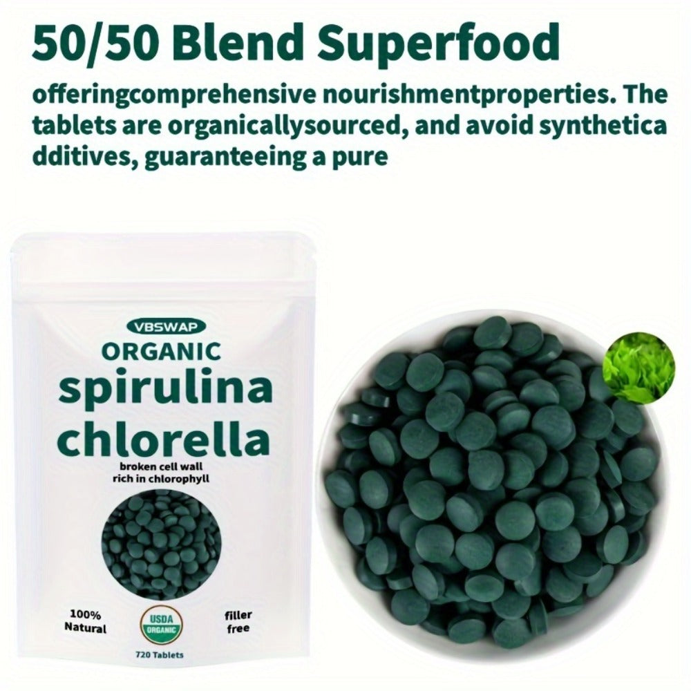 Organic Chlorella & Spirulina Tablets 720 Count – 4 Month Supply, 50/50 Superfood Blend, Cracked Cell Wall, Vegan Protein, No Fillers | Daily Green Supplement | ShopVora UK