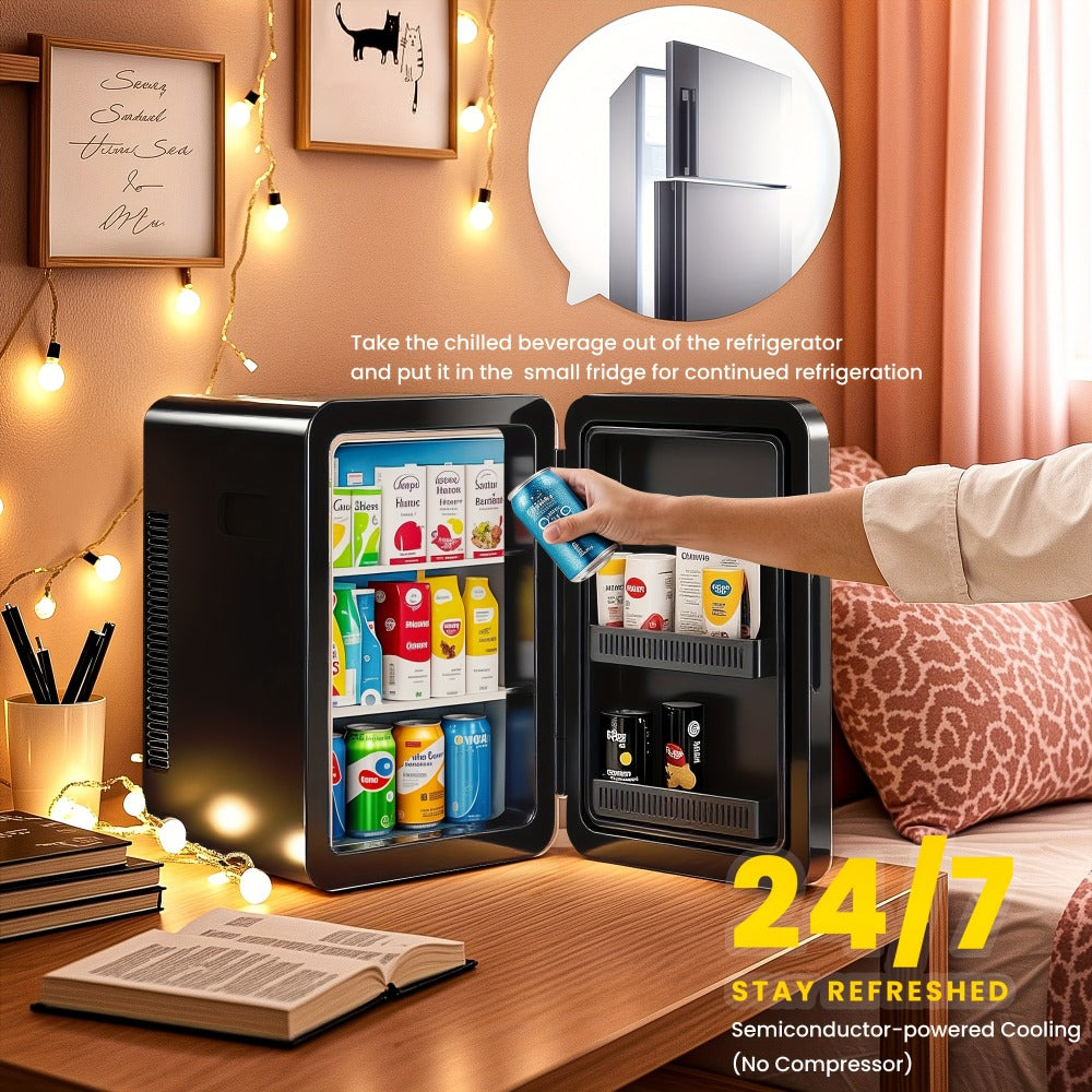 Mini Fridge with Glass Front Door 15.8QT/23.3QT - Portable Cooler and Warmer AC/DC 12V, Small Refrigerator for Bedroom, Office Desk, Car, Dorm, Skincare, Beauty & Makeup, 4 Colors