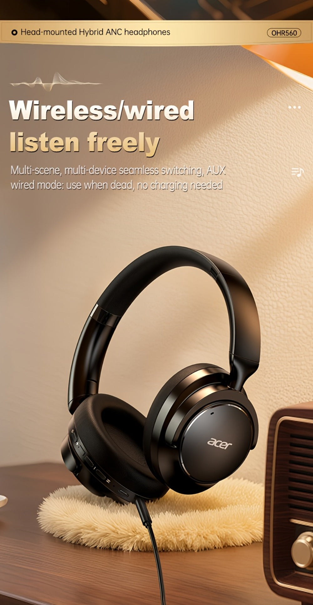 Acer OHR560 ANC Over-Ear Wireless Headphones, Full-Coverage Foldable Design HiFi Stereo HD ENC Call Noise Reduction Built-in Mic, 3.5mm Audio Cable Compatible for Work Travel Gaming Study