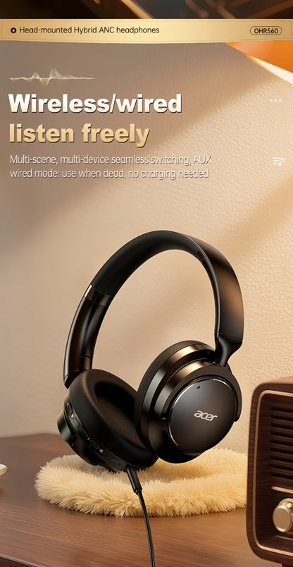 Acer OHR560 ANC Over-Ear Wireless Headphones, Full-Coverage Foldable Design HiFi Stereo HD ENC Call Noise Reduction Built-in Mic, 3.5mm Audio Cable Compatible for Work Travel Gaming Study