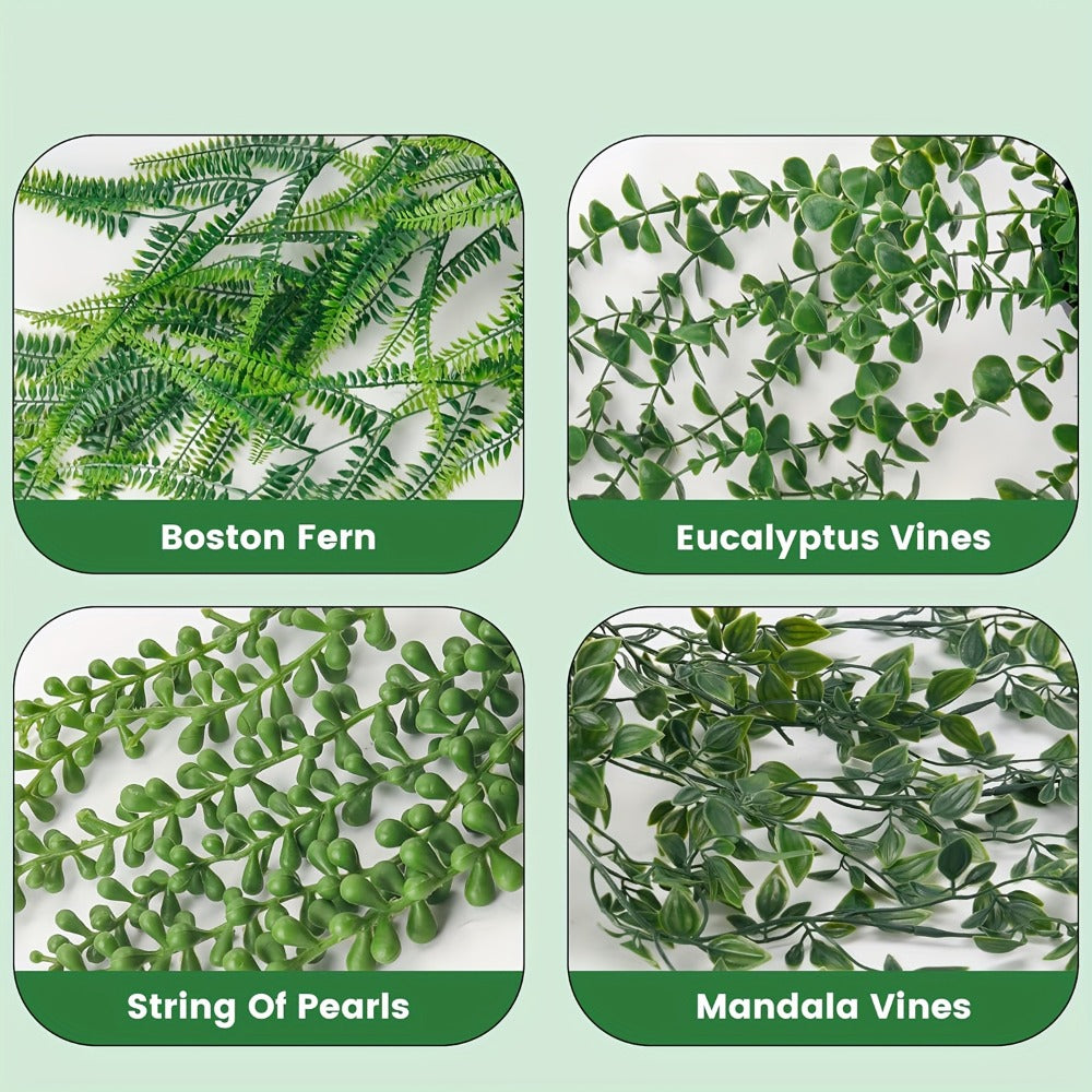 Hanging Artificial Greenery Vines, Four-Piece Mixed Pack with Boston Fern, Eucalyptus and Trailing Styles