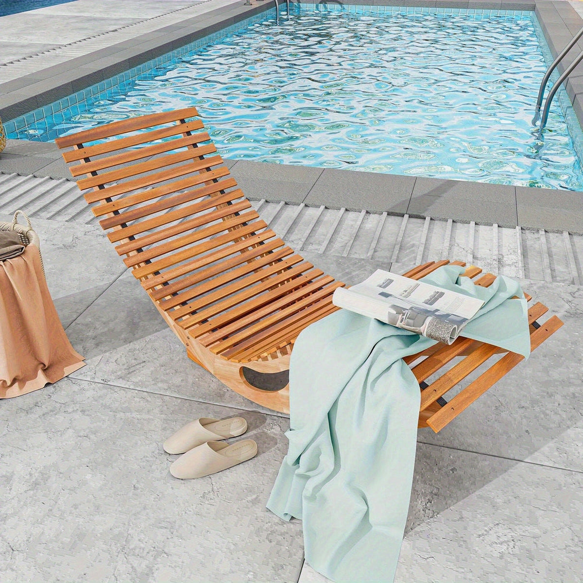 Acacia Wood Rocking Chaise Lounge Outdoor High Back Slatted Seat Stopper Patio Rocker for Deck Poolside Garden