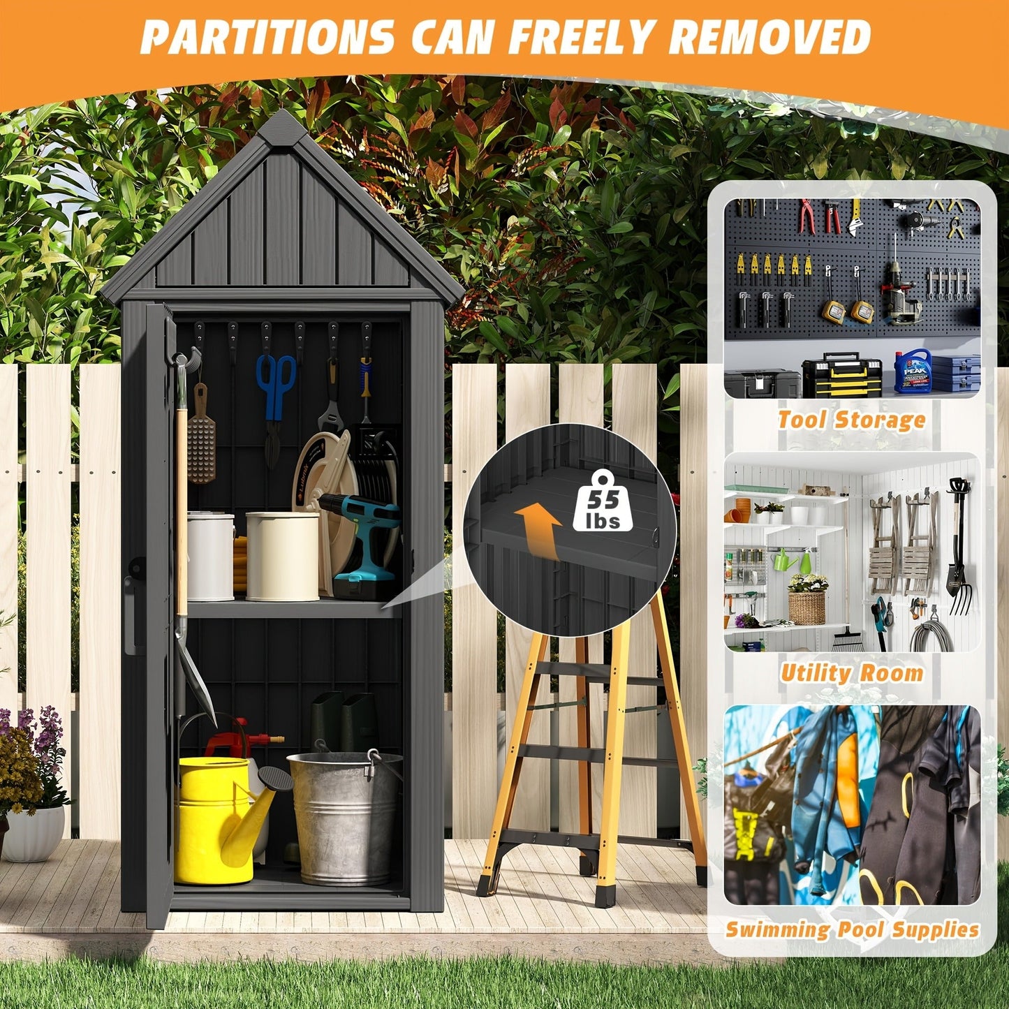 Tall Resin Outdoor Storage Shed with Sloped Roof, Lock-Ready Door and Interior Hooks in Black or Brown