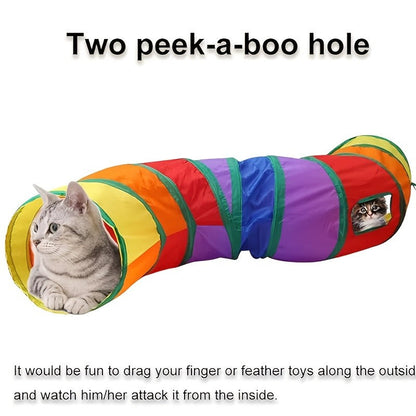 Cat Toy Rainbow Tunnel in S-Shaped or Three-Way Layouts with Peek Holes, Ball and One or Two-Pack Options