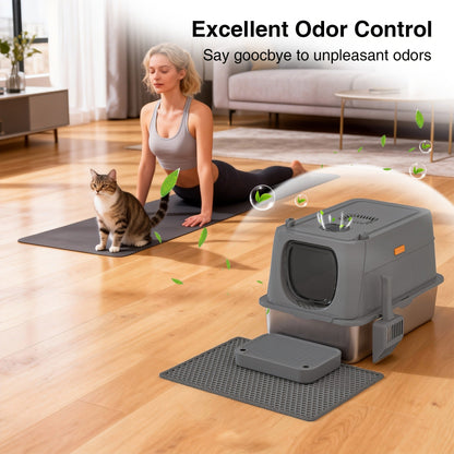 CITYLIFE Cat Litter Box with Stainless Steel Basin, Removable Enclosure, Flap Door, Top Entry, Step and Mat