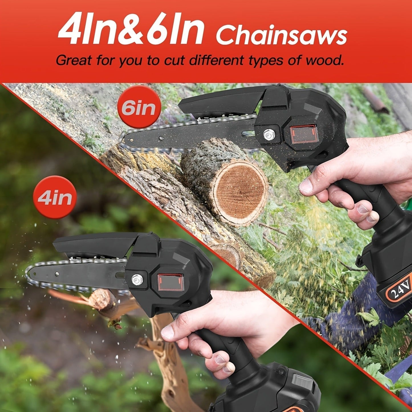 Cordless 4- and 6-Inch Pole Saw with Three Extension Sections, 90° Head, Two Batteries and Two Colors