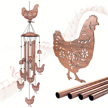 Chicken Wind Chime with Seven Pictured Chicken Shapes, Six Bells and Four Hanging Tubes for Porch or Garden Decor