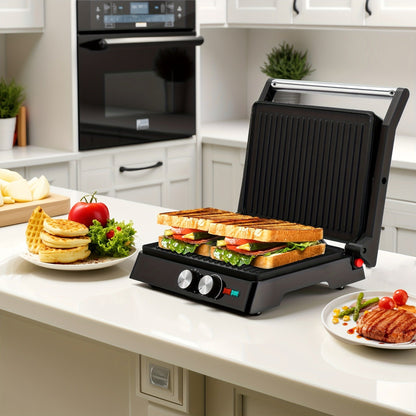 Sandwich Maker 3-in-1 Mini Indoor Grill & Panini Press – Non-Stick 180° Opening, Floating Hinge, 60-Min Timer, Temp Control & Grease Tray | Compact Electric Grill for Home & Dorm