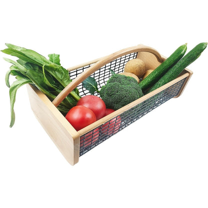 Garden Harvest Basket with Metal Mesh Body, Wooden Ends, Carry Handle and Small or Large Black Options