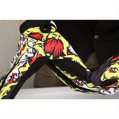 Printed Full-Finger Motocross Gloves with Black Palms, Wrist Closures, Blue or Yellow in M to XL