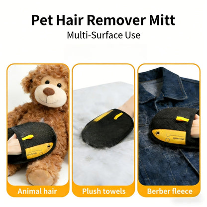 Reusable Fabric Pet Hair Removal Mitt Set with Four Black Mitts and Yellow Hand Straps for Upholstery