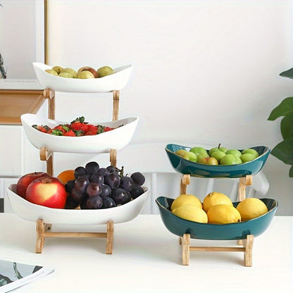 White or Green Countertop Display Stand with Two- or Three-Tier Curved Trays and Wood-Look Supports