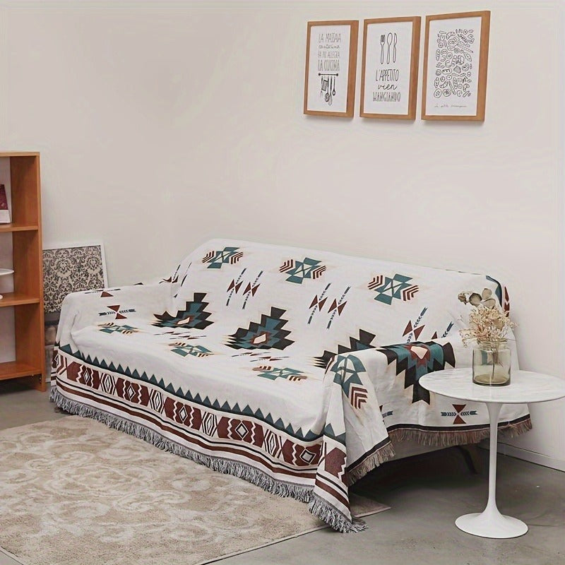Woven Picnic Blanket with Cream Geometric Bohemian Pattern and 35.43 x 70.86 or 51.18 x 70.86-Inch Sizes
