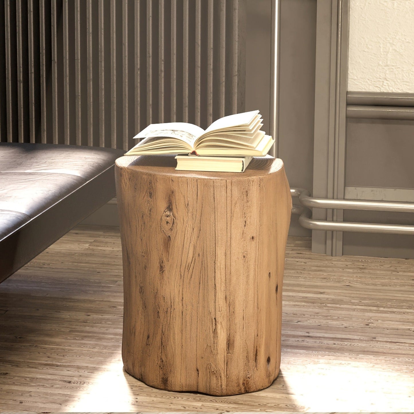 Outdoor Side Table Faux Wood Tree-Stump Design in Magnesia with 220-Pound Source Capacity and Brown Finish