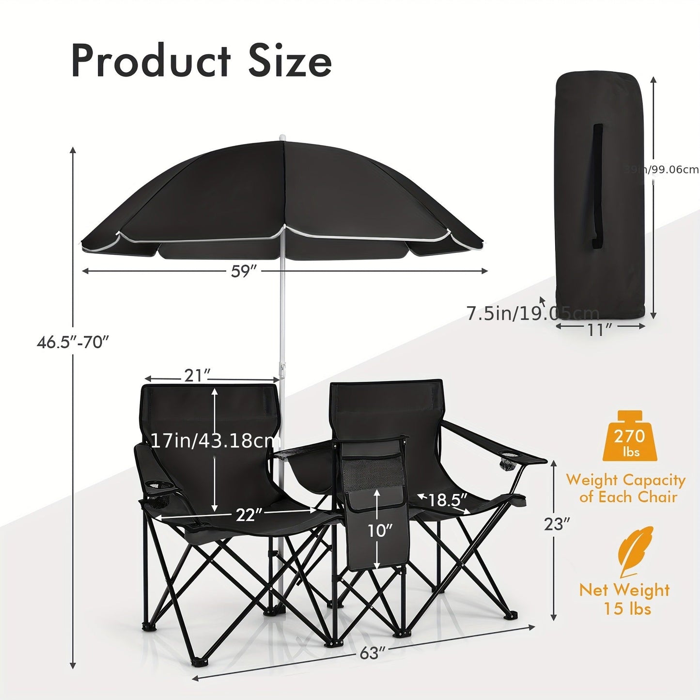 Folding Picnic Chair Set for 2 | Umbrella, Cooler Bag & Table, 600 Lbs Capacity, Portable