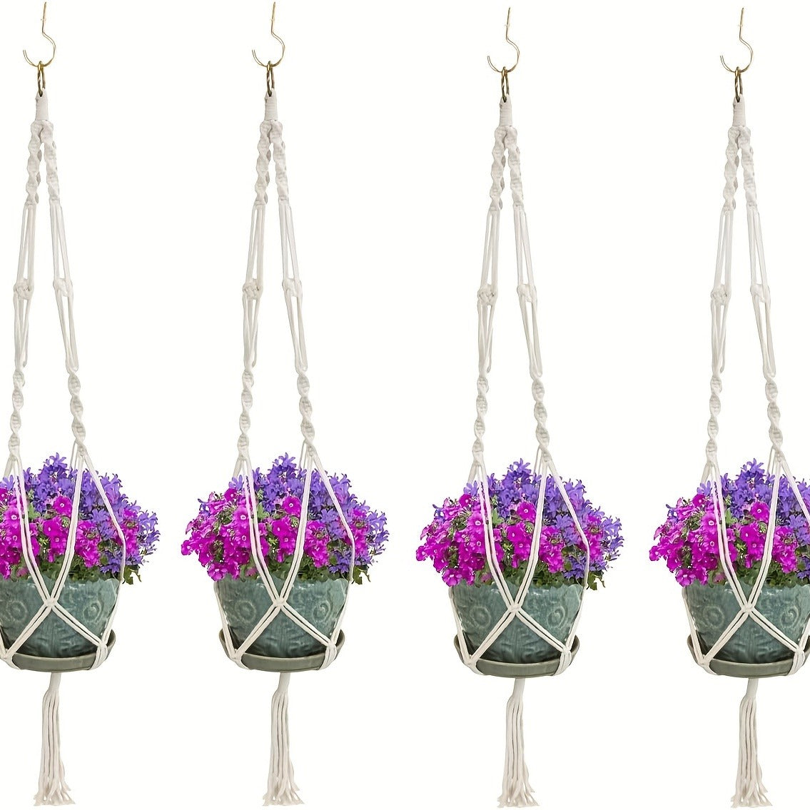 Four-Piece Macrame Plant Hanger Set in White, Black or Natural Rope with Woven Pot Holder Designs