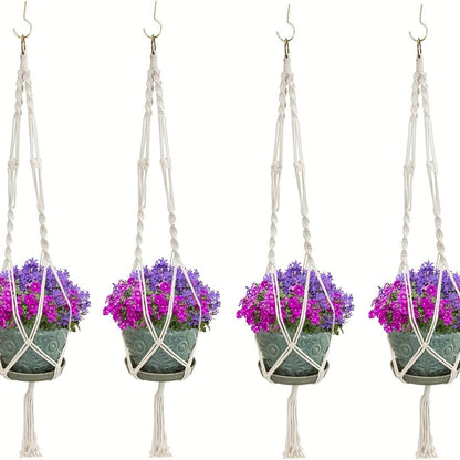 Four-Piece Macrame Plant Hanger Set in White, Black or Natural Rope with Woven Pot Holder Designs