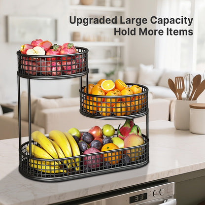 Three-Tier Black Wire Fruit Basket with Staggered Round Bowls and Rectangular Countertop Base