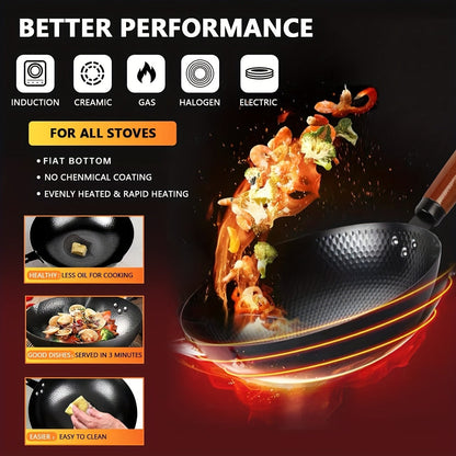 Wok Set Cast Iron 12.6 Inch Nonstick with 13 Accessories, Natural Nonstick No Chemical Coating Stir Fry Pan with Lid & Detachable Handle