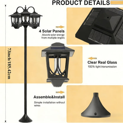 Solar Lamp Post 73in 3-Head Dusk to Dawn Outdoor Garden Light IP44 Waterproof Aluminum Rust-Proof Vintage Edison Bulb Patio Yard Pathway Decor