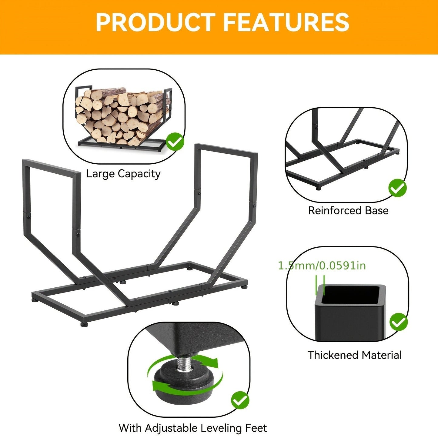 2.58-Foot Firewood Rack with Raised Metal Frame, Open Ends and Four Adjustable Leveling Feet