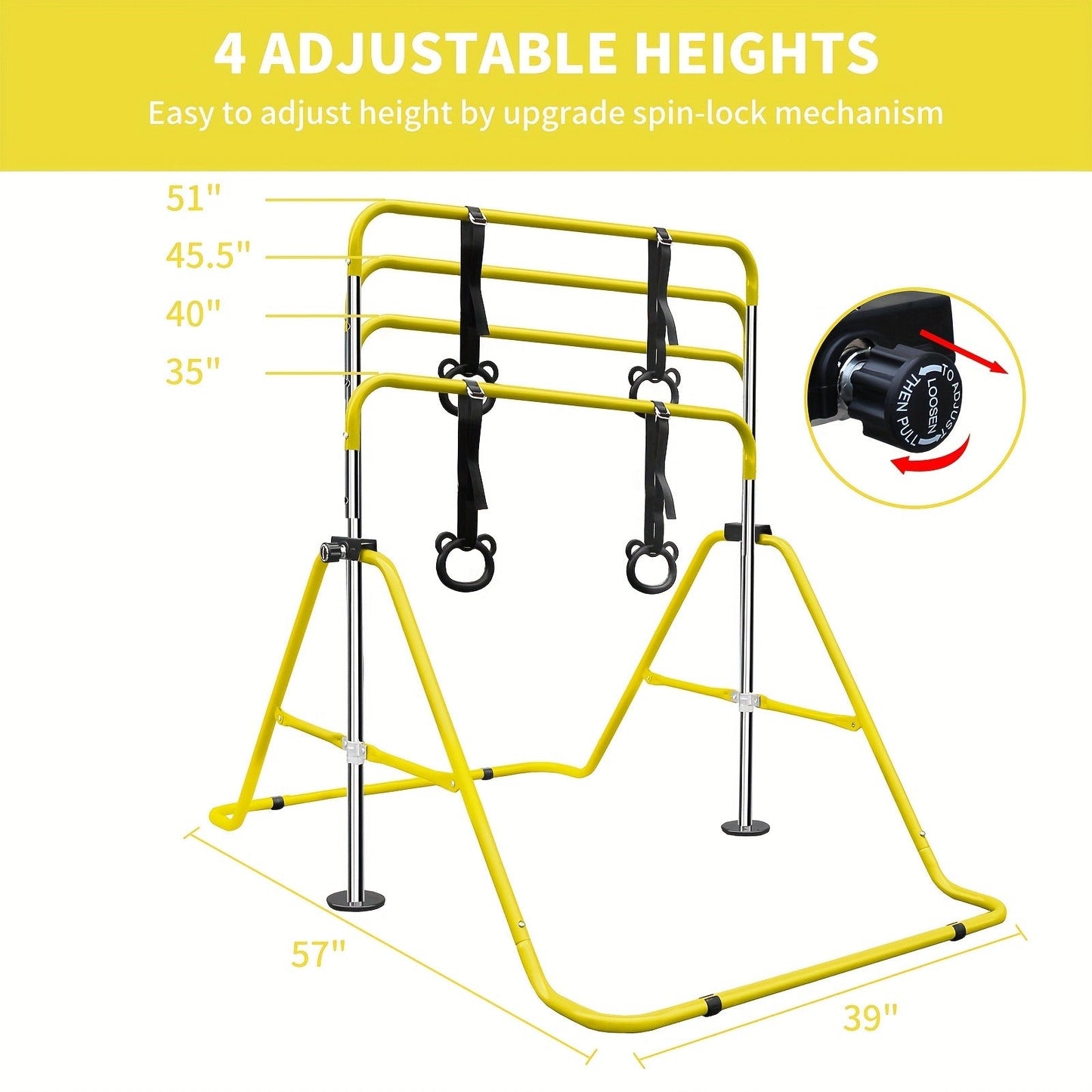 Height-Adjustable Kids Gymnastics Bar in Green or Yellow for Supervised Indoor or Outdoor Training