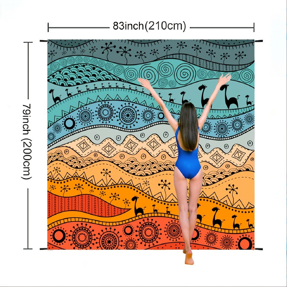 Printed Beach Mat with 19 Exact Size-and-Pattern Options, 198 x 205cm to 275 x 305cm with Stakes and Pouch