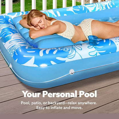 Tanning Pool Float 4-in-1 – Inflatable Sunbathing Lounger with Detachable Pillow, Cup Holder & Wrap Rope, Water-Filled Sun Tan Tub Raft for Adults, PVC