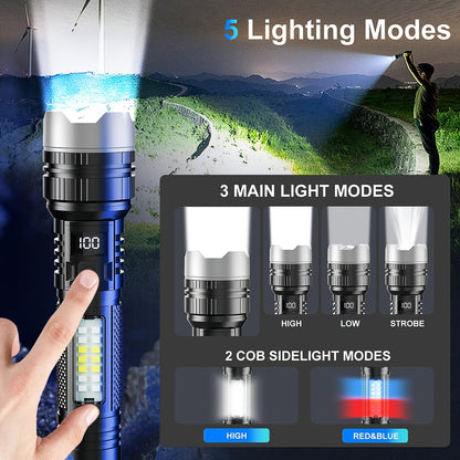 Flashlight 2000-Lumen 2-Pack with Five Modes, COB Side Light, Type-C Charging and Power Display