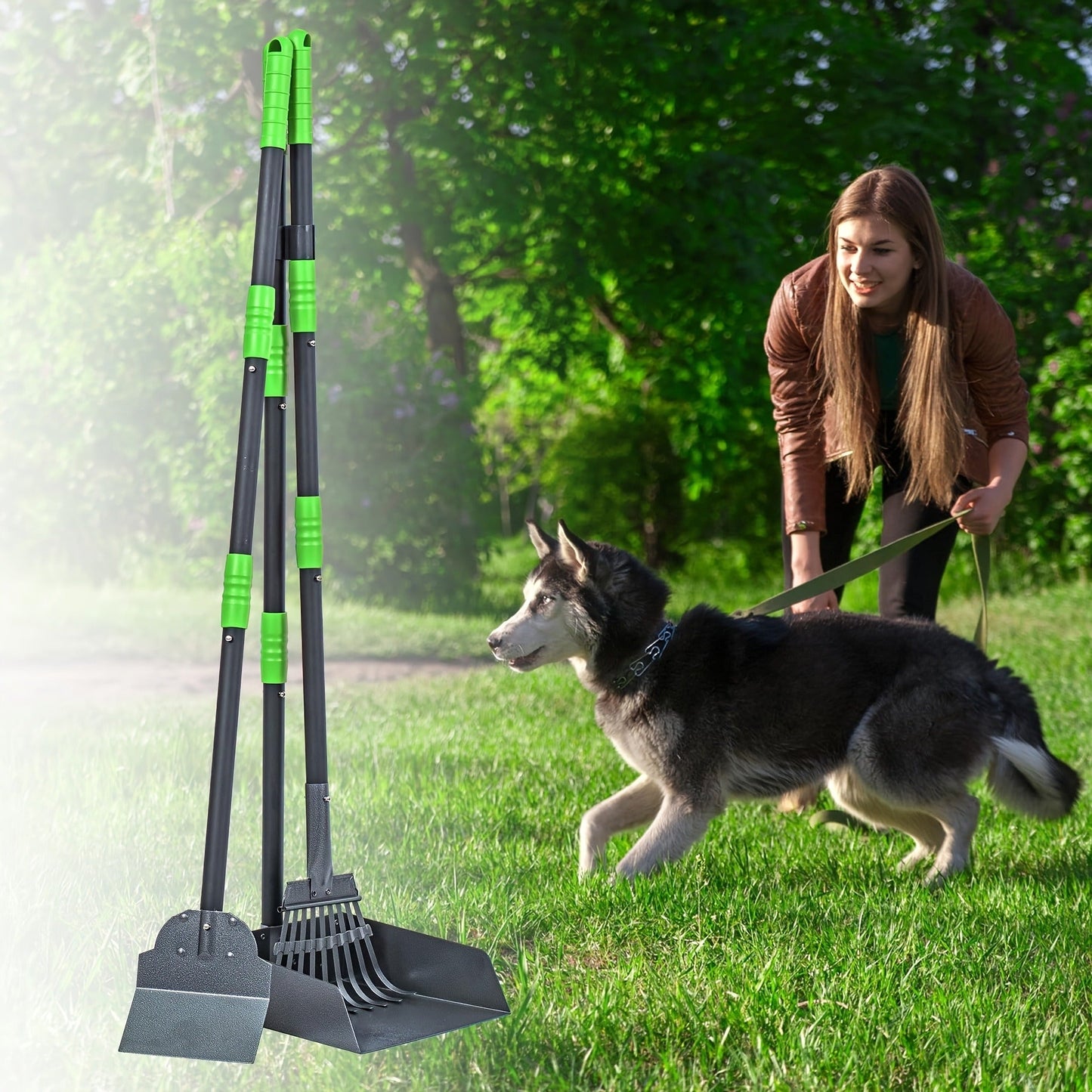 Dog Pooper Scooper Set - Stainless Steel Tray & Rake with Adjustable Long Handle, Rust-Proof Durable Pet Waste Removal Tool, Easy to Clean, Ideal for All Dog Breeds, Yard & Outdoor Use