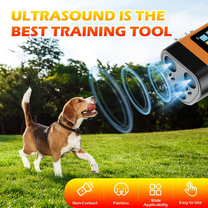 Orange Rechargeable Triple-Emitter Ultrasonic Dog Training Aid with Display, Light and Wrist Strap