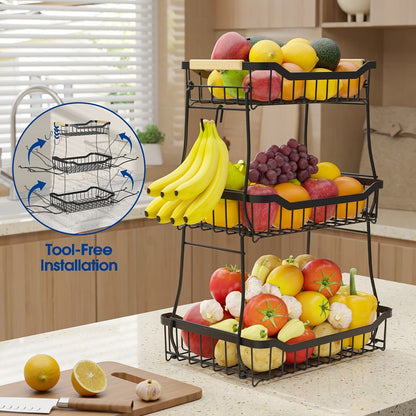 Fruit Basket with Banana Hook, 2 & 3 Tier Metal Stand, Removable Tiers, Wooden Handle, Kitchen Countertop Organizer for Fruits, Vegetables & Bread