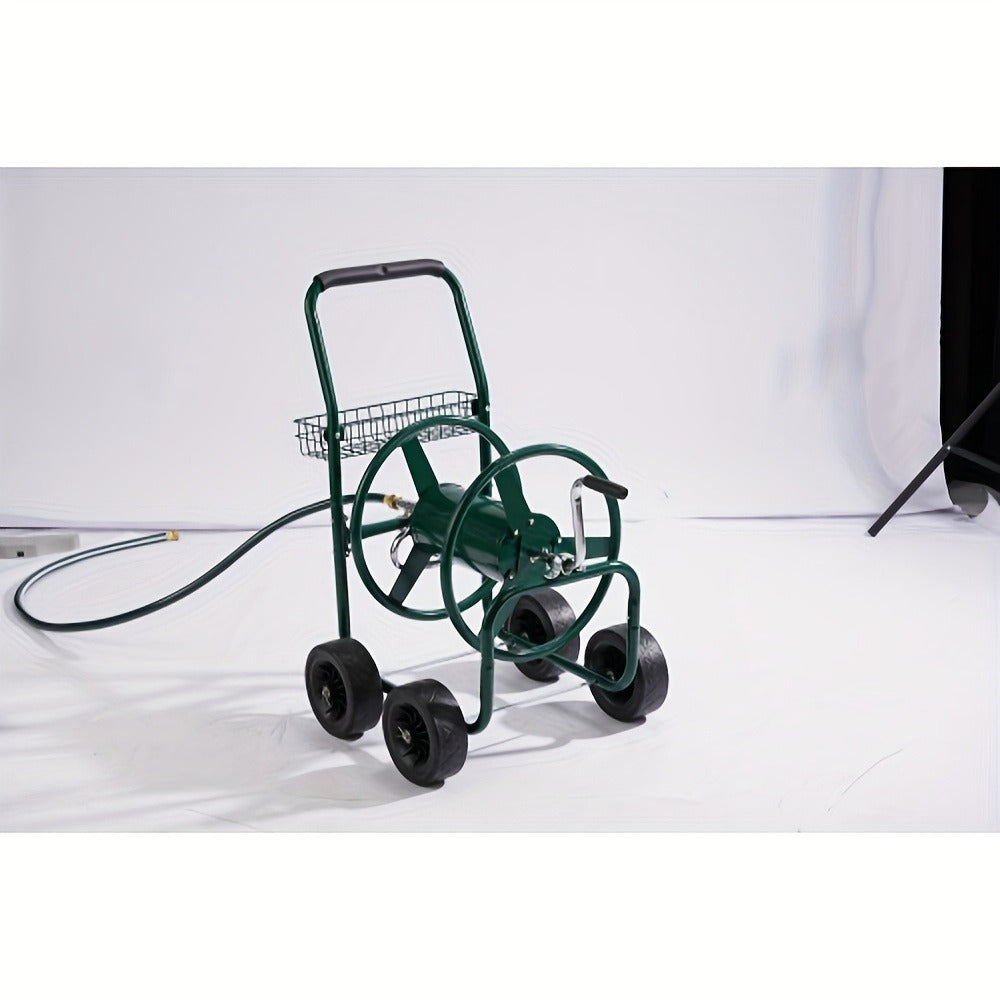 Four-Wheel Garden Hose Reel Cart in Green with Crank Handle, Storage Basket and Padded Push Grip